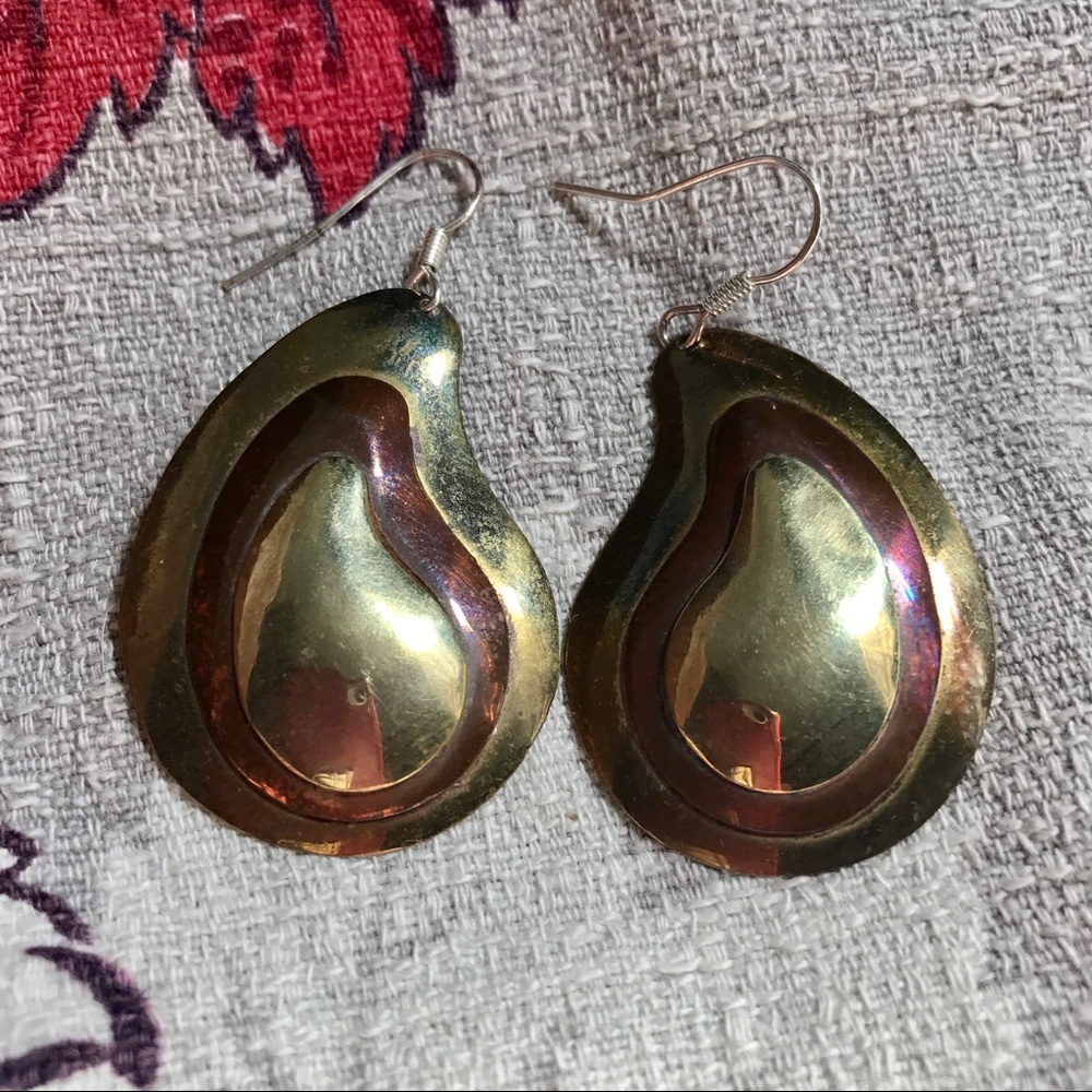 Vintage Boho Brass Copper Paisley Earrings